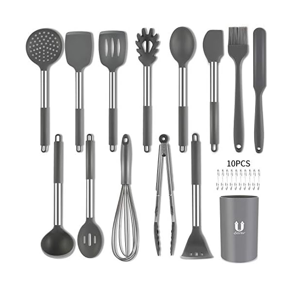 Uarter Kitchen Utensil Set 24pcs Silicone Cooking Utensils for Cooking and Baking, Heat Resistant and Nonstick Spoon, Turners, Tongs, Whisk, Potato Masher, 10pcs Hooks Kitchen Tool Gadgets (Gray)