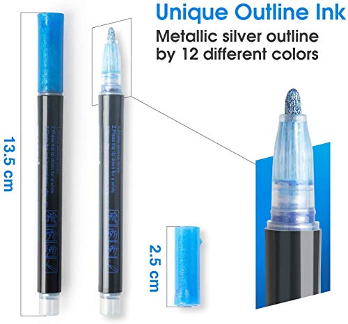 Double Line Outline Pens, SmileStar 12pcs Two-Line Color pen Outline Metallic Markers Highlighter Writing Drawing Pens for Gift Card Making, Art Rock Painting, Coloring Books, Craft Drawing Doodling