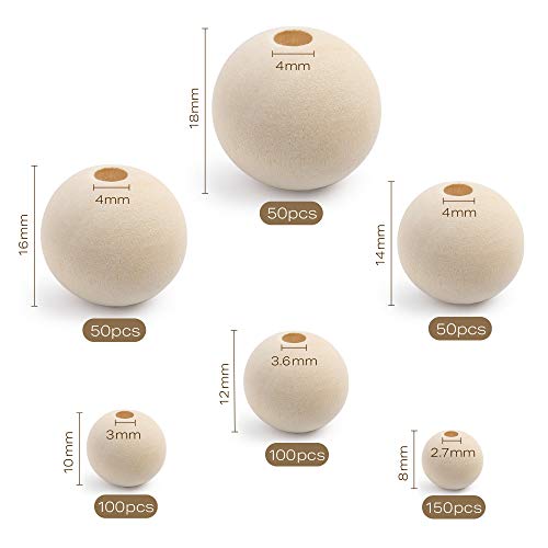 LotFancy 500pc Wooden Beads, 6 Sizes Unfinished Natural Wood Beads for Crafts, Round Predrilled Wooden Balls for Garland Macrame Jewelry Farmhouse Décor (8mm 10mm 12mm 14mm 16mm 18mm)