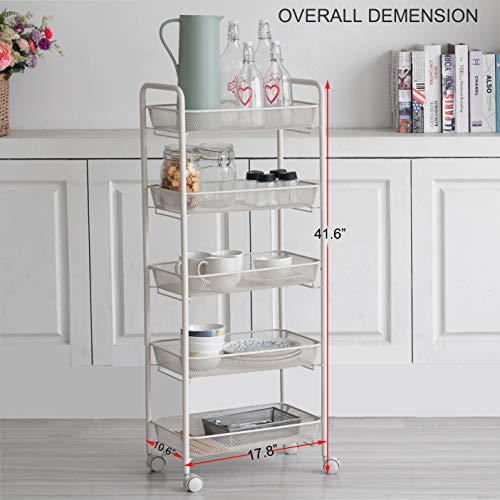 Iris'Home Easy Assemble 5-Tier Bathroom Shelf Cart, Large Rolling Cart, Office File Cart, Kitchen Storage Cart on Wheels, Utility cart, Storage Rack, Mesh Designing -White
