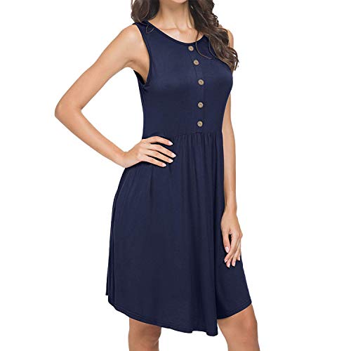 Trendypie Women's Summer Sleeveless Solid Cotton Casual Loose Swing Dress Plain Pleated T-Shirt Dress Knee Length Button Party Dress Beach Sundress with Pockets