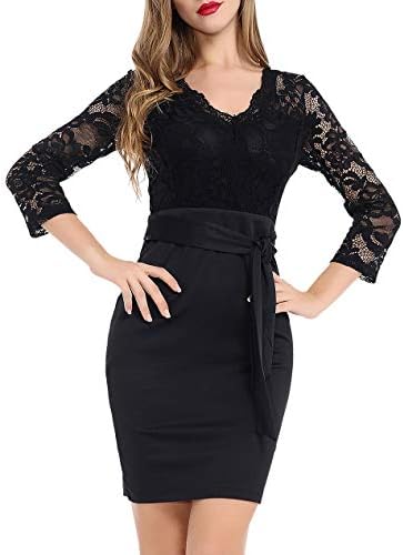 AUQCO Floral Lace Bodycon V Neck Cocktail Wrap Dresses 3/4 Sleeve for Women Party Pencil Dress