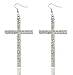 Silvertone 4 Inch Drop Dangle Cross Earrings with Rhinestones