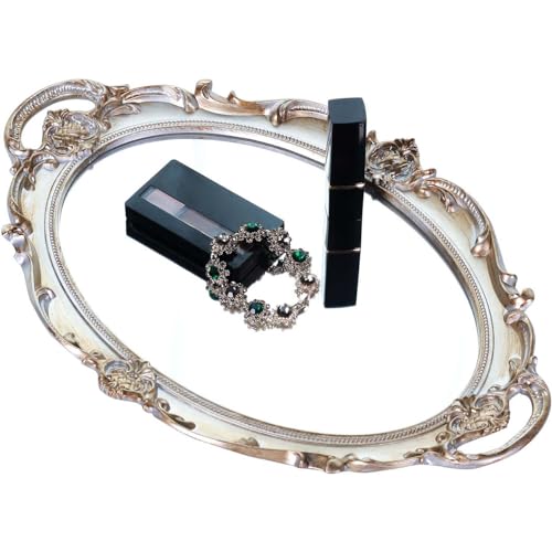 Zosenley Polyresin Ellipse Antik Dekorative Spiegeltablett, Make-up-Organizer, Schmuck-Organizer, Serviertablett, 24,9 x 37,1 cm, Goldsilber