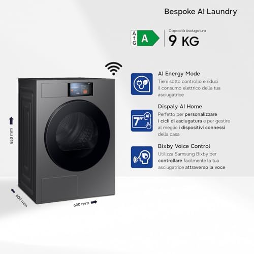 Asciugatrice Bespoke AI DV90F09F4S/U3, 9 kg, Pompa di Calore, Wifi, Controllo Vocale, Display AI Home, AI Dry, Carica Frontale, 60L x 85H x 60P cm