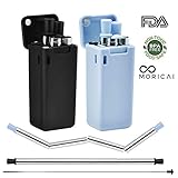 Reusable Metal Straws 2 Pack- Obixio Telescopic Reusable Drinking Straws Stainless Steel, Food-Grade Portable Straw with Case and Cleaning Brush for Outdoor, Party or Household (Black&Blue)