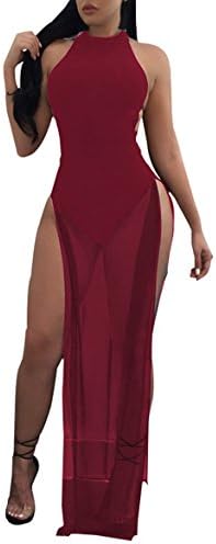 Wowowdress Womens Sexy Sleeveless Mesh Split See Through Long Maxi Dress