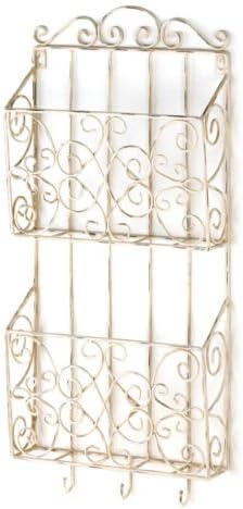 Distressed Shabby 2 Wall Pocket and Hooks Organizer Letter Holder Magazine Rack
