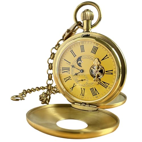 VIGOROSO Mechanical Hand-Wind Pocket Watch for Men, Half Hunter Double Covers 24-Hour Day Moon Phase, Luxury Watches with Tourbillon in Box