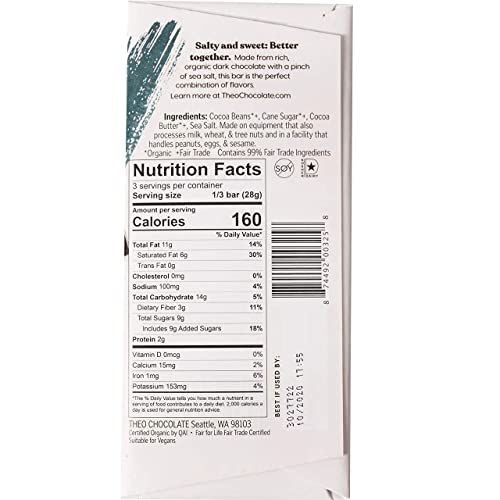 Theo Chocolate Sea Salt Organic Dark Chocolate Bar, 70 Cacao, 12 Pack