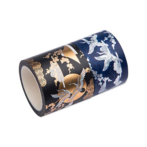 Washi Masking Tape Crane Collection Gold/Silver Foil Print for Arts and DIY Crafts, Scrapbooking, Bullet Journal, Planner, Gift Wrapping, Holiday Decoration (2 Rolls/Unit)