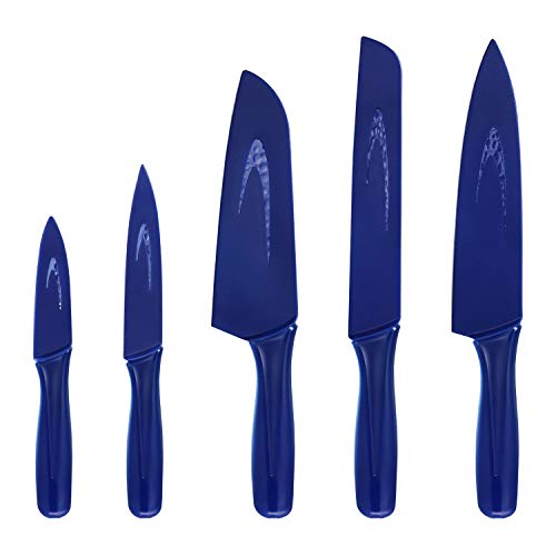 Hecef Galaxy Blue Kitchen Knife Set of 5, Non-slip Metallic Ceramic Coated Chef Knife Set, Hammered Blade with Plastic Handle and Protective Blade Sheath