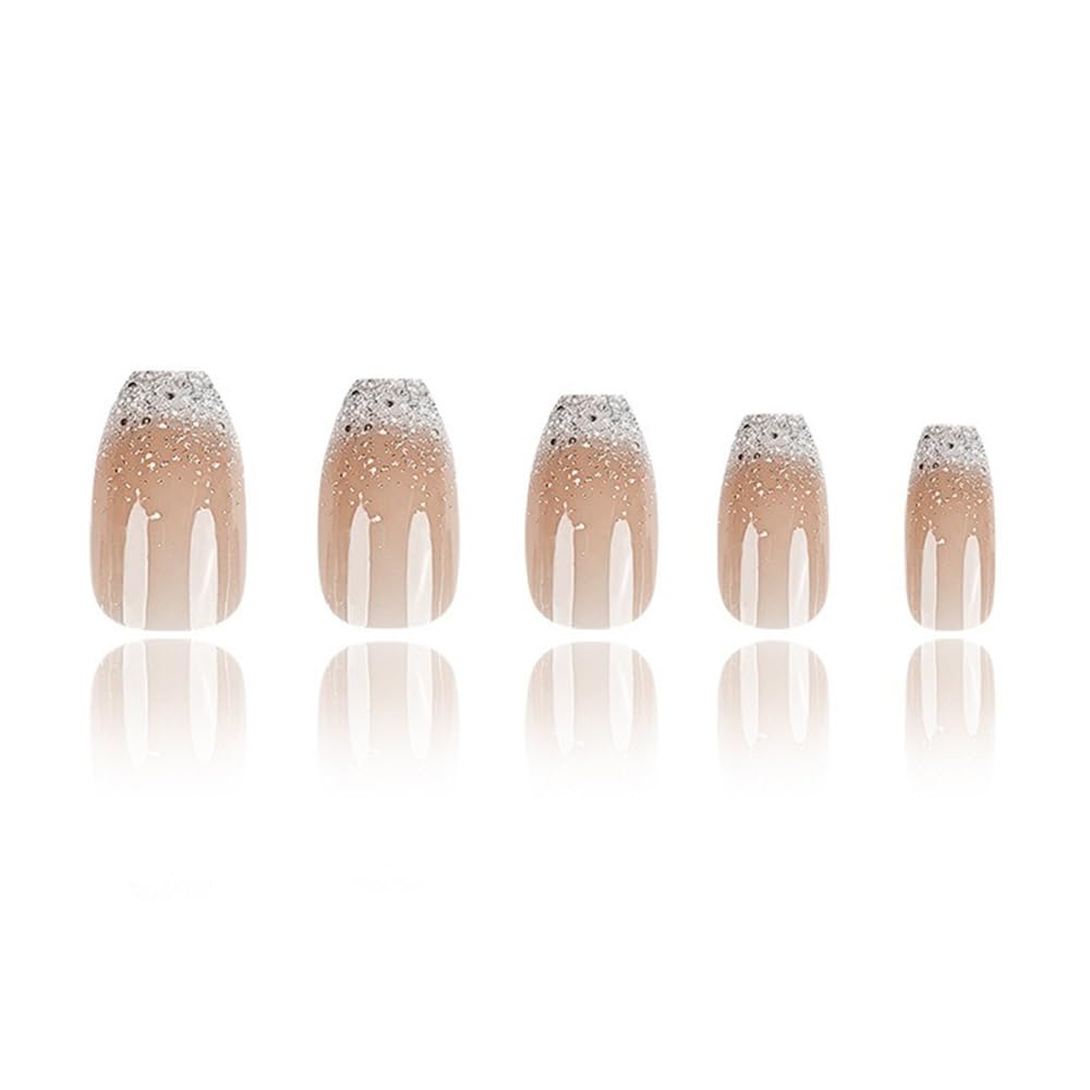 Coffin Press on Nails Medium French Tip Fake Nails Full Cover Glitter Design False Nails Tips Nude Pink Stick on Nails Reusable Artificial Ballerina Shape Glue on Nails for Women Girls 24PCS - Image 6