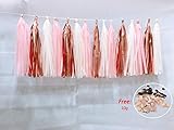 Sogorge 15 Pcs 14 Inches Tissue Paper Tassel Garland Rose Gold Foil Pink and Ivory Tassel Garland Free Rose Gold Paper Confetti 10g for Weddings Birthday Bridal Shower Baby Showers Decor(Rose Gold)