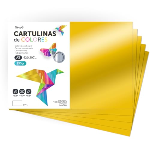Cartoncino Colorato Metallizzato, Fogli Grandi 50x65 cm, Cartoncini 230g per Fai da Te, Progetti Creativi e Arte con Effetto Riflettente m-office (25 fogli, oro)