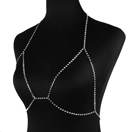 Women Girls Sexy Rhinestone Bra Chain Necklace Cuekondy Harness Bikini Body Statement Jewelry (Silver)