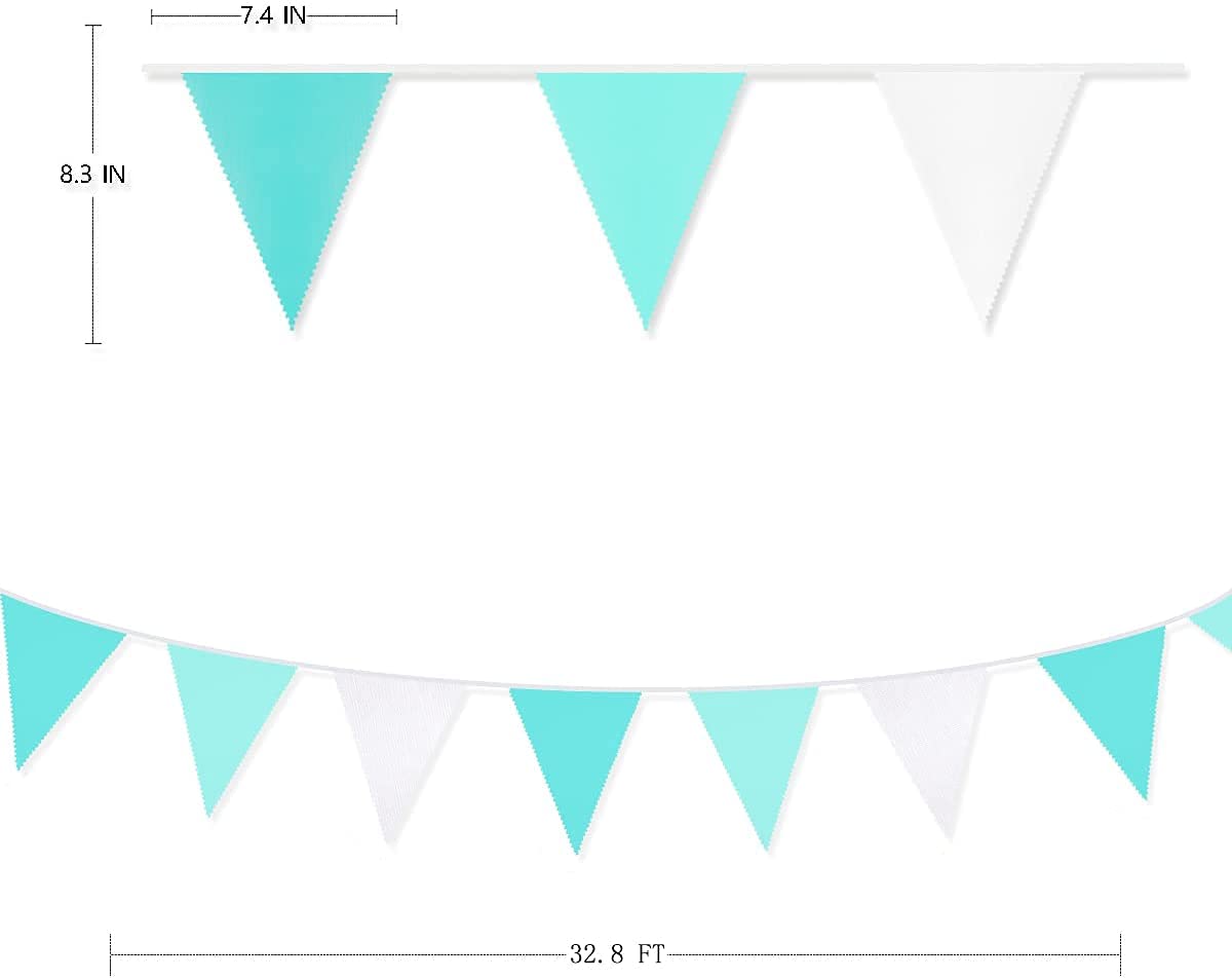10M/32.8Ft Aqua Green Fabric Bunting Banner Party Decorations Teal Blue Cloth Triangle Flag Garland Pennant for Birthday Wedding Baby Shower Nursery Summer Outdoor Garden Hanging Festivals Decoration - Image 3