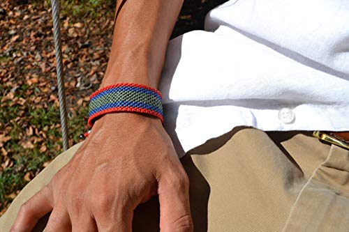 Men's Striped Sailor Bracelet Hand-Knotted Nylon Adjustable Pull Cord Macrame Friendship Bracelet with Hematite Stones in Red, Cobalt Blue and Military Green by Rumi Sumaq - Thumbnail 3