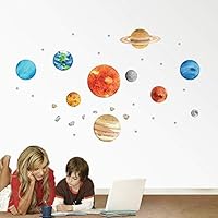 Mendom Planet Wall Decals, The Removable Solar System Watercolor Space Wall Stickers for Kids Nursery Bedroom Living Room