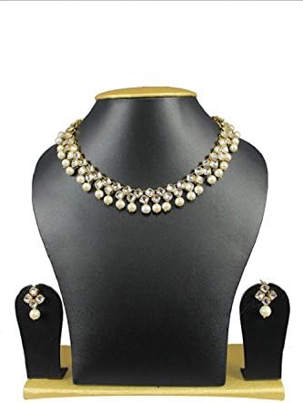VVS Jewellers Gold Plated White Pearls Ethnic Indian Bollywood Style Kundan Necklace Set