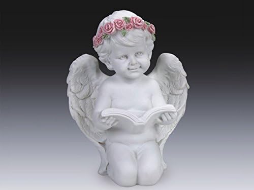 Reading Cherub Angel with Rose Crown Statue Figurine Collectible 7"H x 5"W