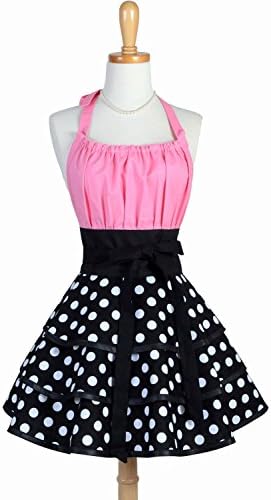 Lucy Flirty Womens Sexy Black Polka Dot with Pink 50s Retro Pinup Apron