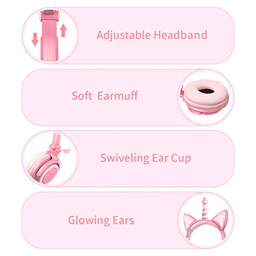 Unicorn Kids Headphones with Microphone, Over-Ear Cat Headphones Wired for Girls Boys Adjustable Foldable 85dB Volume Limited Headset School Travel (Peach)