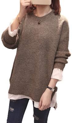 ニット セーター ブラウス シャツ レイヤード 重ね着 レディース トップス 長袖 異素材mix 秋 秋冬 ゆったり 大きめ 大きいサイズ クルーネック ラウンドネック リブ 無地 セーター 通販 Amazon