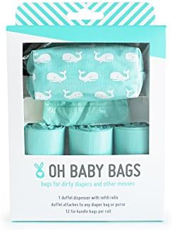 Oh Baby Bags Diaper Bag Clip-On Dispenser Gift Box with Disposable Bags for Dirty Diapers - Recycled Plastic - Seafoam with Whales Duffle plus 48 Seaspray Scented Bags