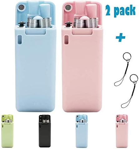 Collapsible Straws, Reusable Stainless Steel Straw Foldable Drinking Straws Food-Grade Portable Straw Set with Hard Case Holder Cleaning Brush for Travel, Household, Outdoor(Blue&Pink)