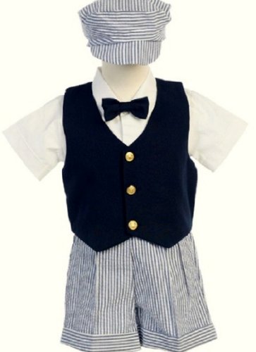 # 9-G821N-XL -Seersucker Outfit w/Navy Vest- Blue Stripe Shorts and Hat - Shirt and Tie - Made in USA