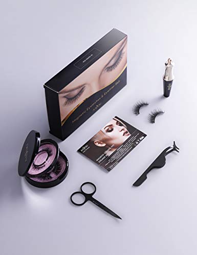 Anjou Magnetic Eyelashes and Eyeliner Kit, 3-Pair Eyelashes Set No Glue Needed, Regular Wispies & Demi Wispies with Scissors Tweezers for Natural Look/Wedding/Party