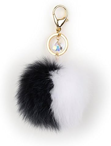 Richbud Fox Fur Ball Austrian Crystal Gold Keychain Pom Pom Keyring Handbag Purse Charm (Black-White)