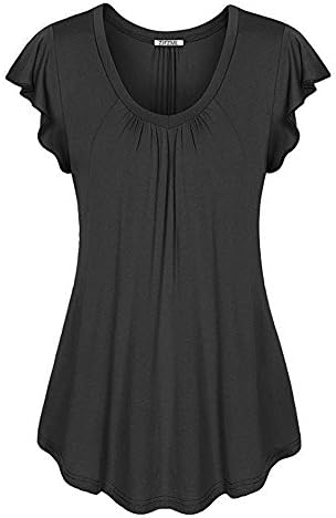 ZJFZML Round Neck Tunic Tops For Women Ladies Short Sleeve Pleated Loose Casual Shirts Blouses For Work Round Bottom Soft Stretchy Looses Fit Clothes Black L