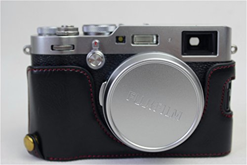 X100F Case, BolinUS Handmade PU Leather Half Camera Case Bag Cover Bottom Opening Version for Fujifilm Fuji X100F With Hand Strap -Black