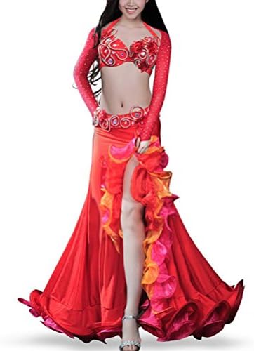 YuLin Color Belly Dance Costume Set for Girls Performance Dress Professional Outfit with Rhinestone/Glass Drill 4 Pcs