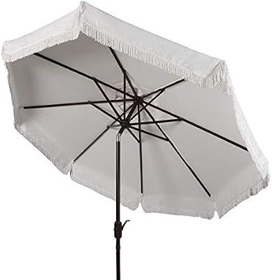 Amazon Com Safavieh Pat8008c Collection Milan Fringe 9ft Crank Outdoor Push Button Tilt Umbrella White White Garden Outdoor