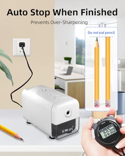 ZMOL Electric Pencil Sharpener, Heavy Duty Classroom Plug-in Sharpener, 10000 Uses, 3 Sharpness Settings, Auto Stop, Fast Sharpening for 6.5-8mm Coloured Pencils, Teachers/Kids/School/Desktop, White