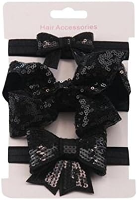 3 Piece Baby Girls Bowknot Headband,SMYTShop Boutique Bling Sparkly Sequin Hair Bows Soft Elastic Hair Band Accessories (Black)