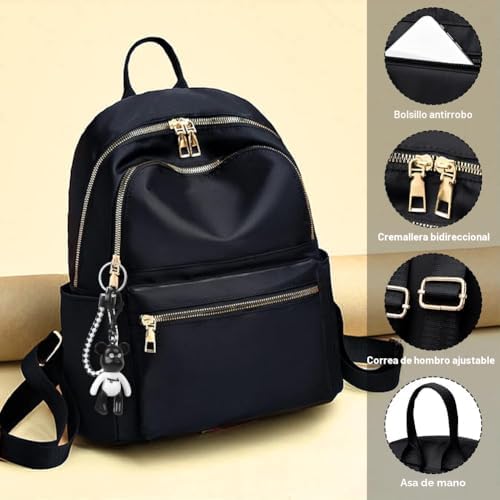 Mochila feminina, mochila de moda para mulheres, mochila casual leve de nylon, mochila escolar, mochila anti-roubo para mulheres e raparigas, preta, 32 * 25 * 11cm