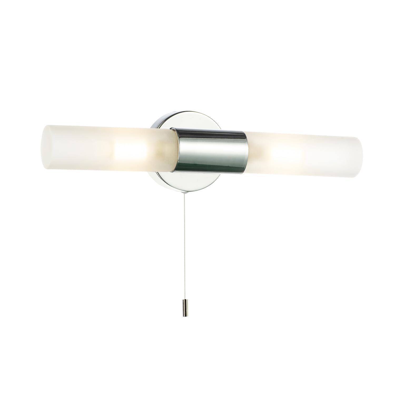 Happy Homewares Modern Polished Chrome IP44 Rated Bathroom Wall Light Fitting with Tubular Frosted Glass Shades | 2 x 18w G9 Required | 32cm x 10cm x 8cm