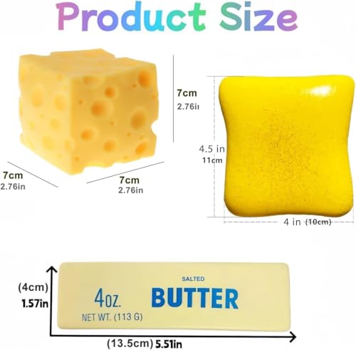 SLEEPHEAD®3-Pack Food Squishies Set - Slow Rising Squishy Toys, Cheese & Bread Butter Squishy, Sensory Stress Relief Squeeze Toys, Cute Desk Fidget Toy Gift