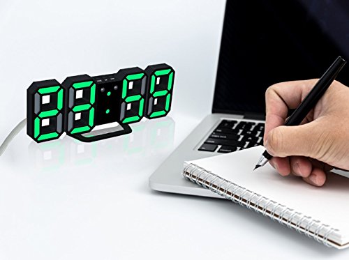 LED Digital Electronic Alarm Clock, Modern Multi-Functional Desk / Shelf Wall Clock with Dimmable Nightlight, Snooze, Auto Memory, 24/12 Hour Display (Black Frame, Green Light)