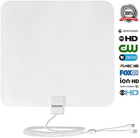 Sobetter Amplified Digital TV Antenna 50+ Mile Reception Range with Newest Built-in Amplifier ,USB power supply ,13.2ft Coax Cable,12 months warranty(Supports 1080p,4K,White)