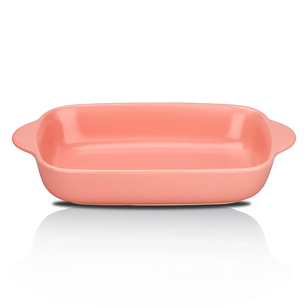 CHILDIKE Matte Ceramic Small Baking Dish, Rectangular Bakeware with Double Handle, Roasting Lasagna Pan, 19 x 13 cm, Pink