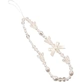 Essivox White Pearl Phone Lanyard, Universal Mobile Chain with Bow, Beaded Wrist Strap, Anti-Lost Charm Keychain