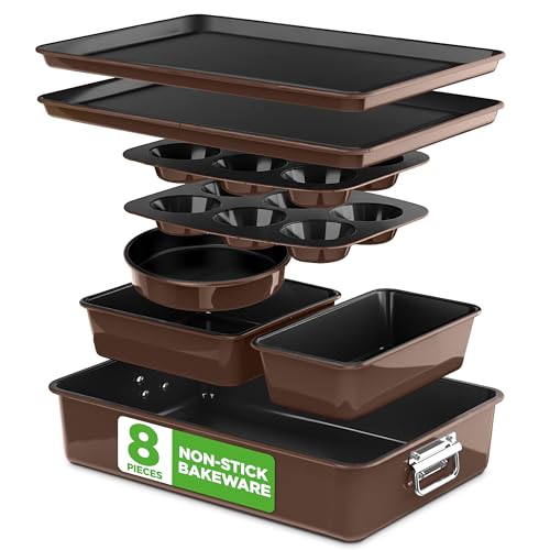 NutriChef 8-Piece Nonstick Stackable Bakeware Set - PFOA, PFOS, PTFE Free Baking Tray Set w/Non-Stick Coating, 450°F Oven Safe, Round Cake, Loaf, Muffin, Wide/Square Pans, Cookie Sheet (Brown)