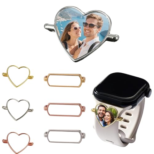 2PC Personalized Sublimation Watch Charm Accessories, Custom Heat Transfer Photo Picture Sublimation Watch Charms, Heart Shape DIY Craft for Smartwatch Bands Accessories for Women Men (Silvery-2)