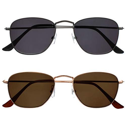 OPULIZE Sky Reading Sunglasses 2 Pack Thin Rimmed Classic Shape Metal Frame Scratch Resistant Tinted Lens UV400 Protection Lens Matt Gunmetal Gold Mens Womens SS95-79 +3.00