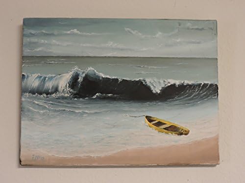 Original oil painting of a rowboat in the ocean surf
